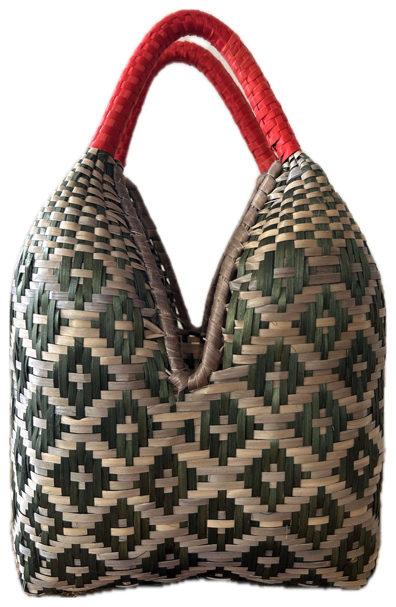 Bolso "Brunita" verde con asa roja y fondo grisáceo