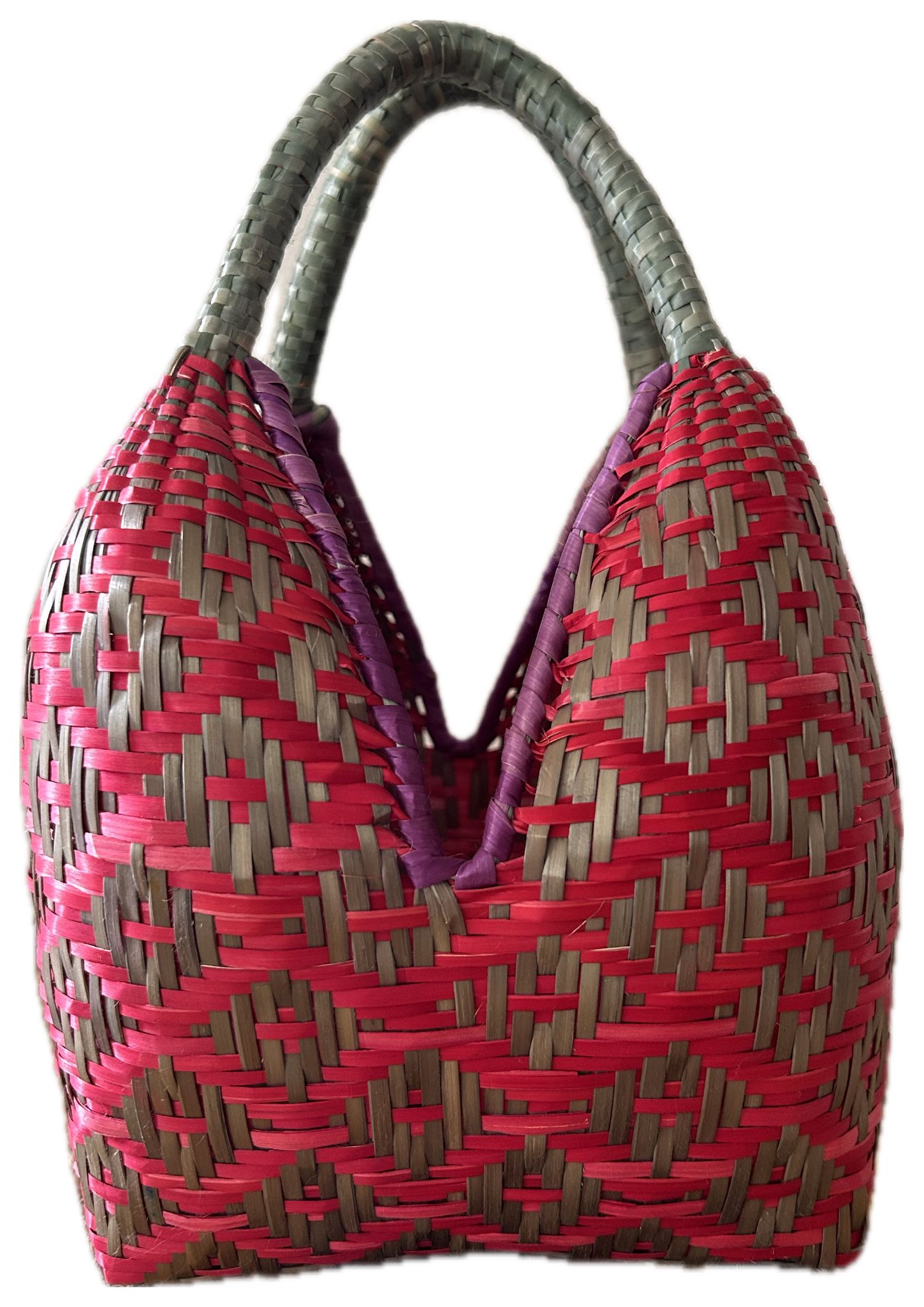 Bolso "Brunita" rojo ribete morado con asa verdoso