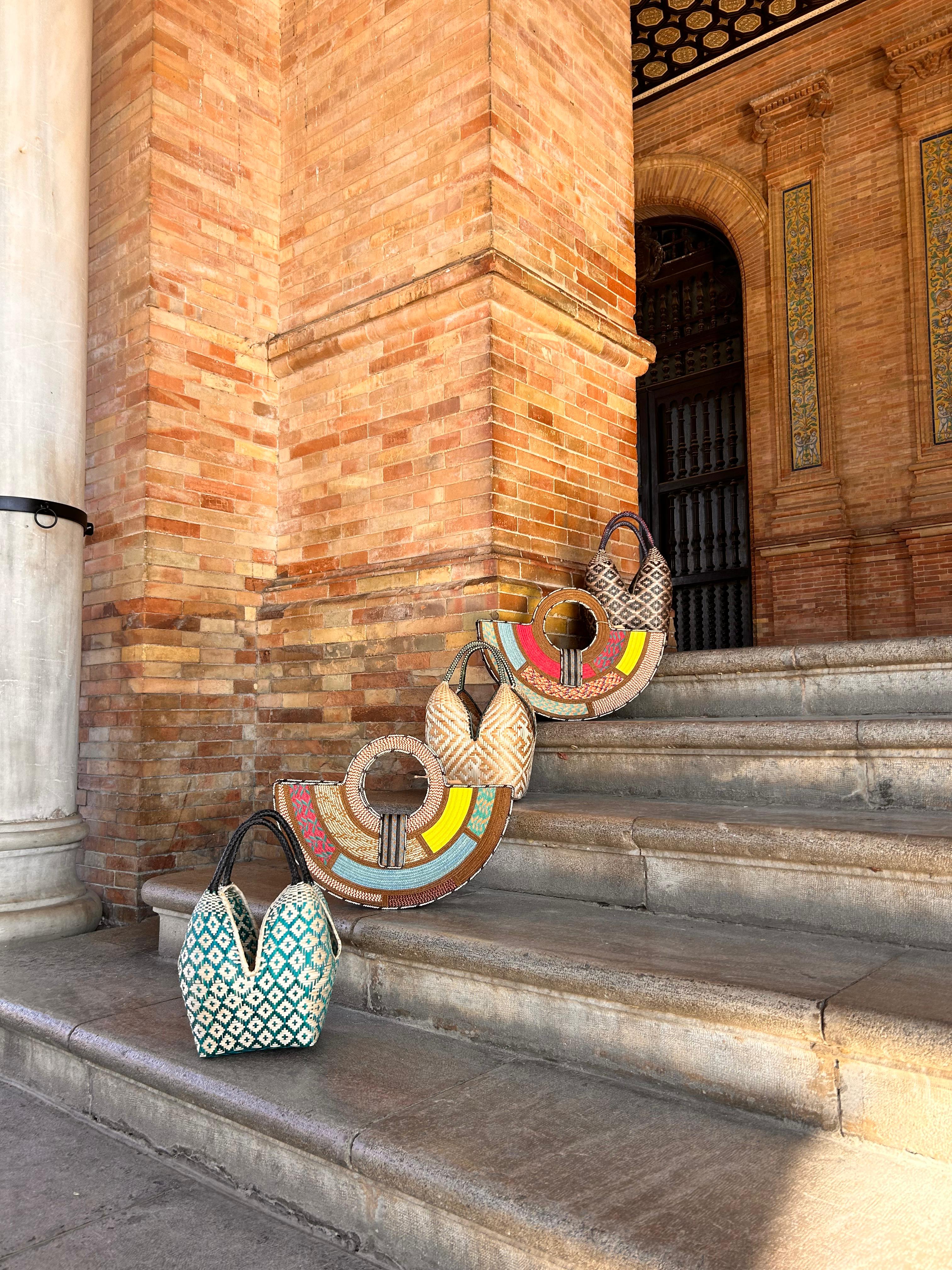 Bolso "Bruna" natural y asa verdosa