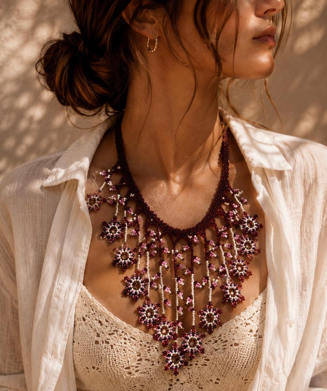Collar "Cascada de flores" rosa & fucsia.