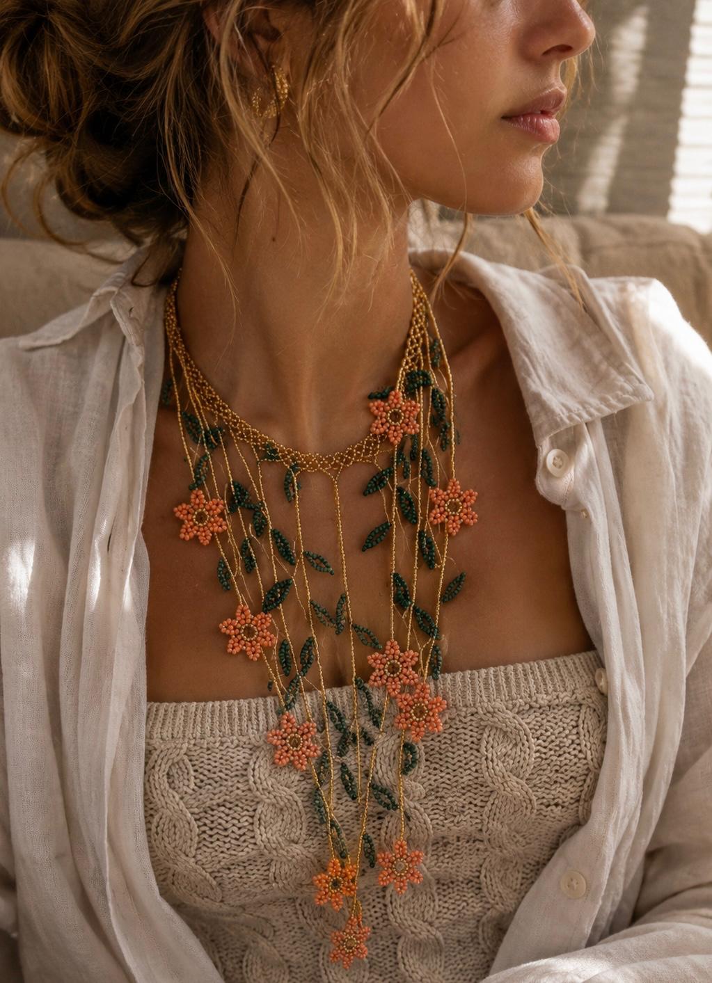 Collar maxi "Cascada de flores" coral y pétalos verdes